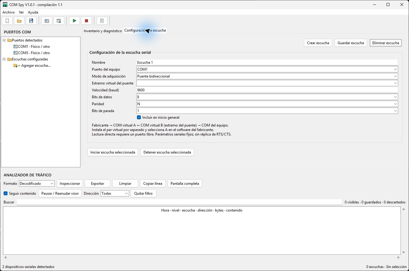 COM Spy — Configuración del puente serial