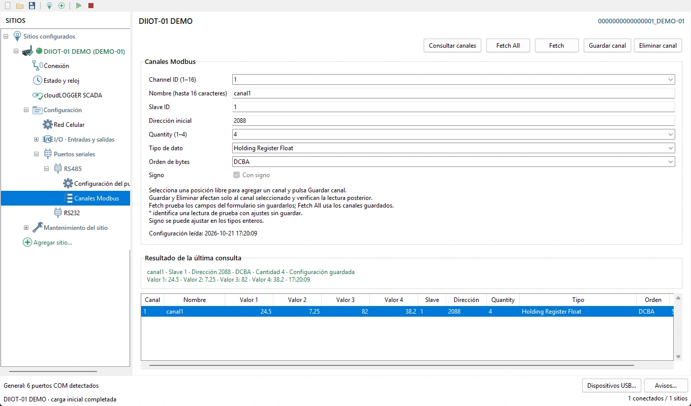 DIIOT Site — Modbus channels and values