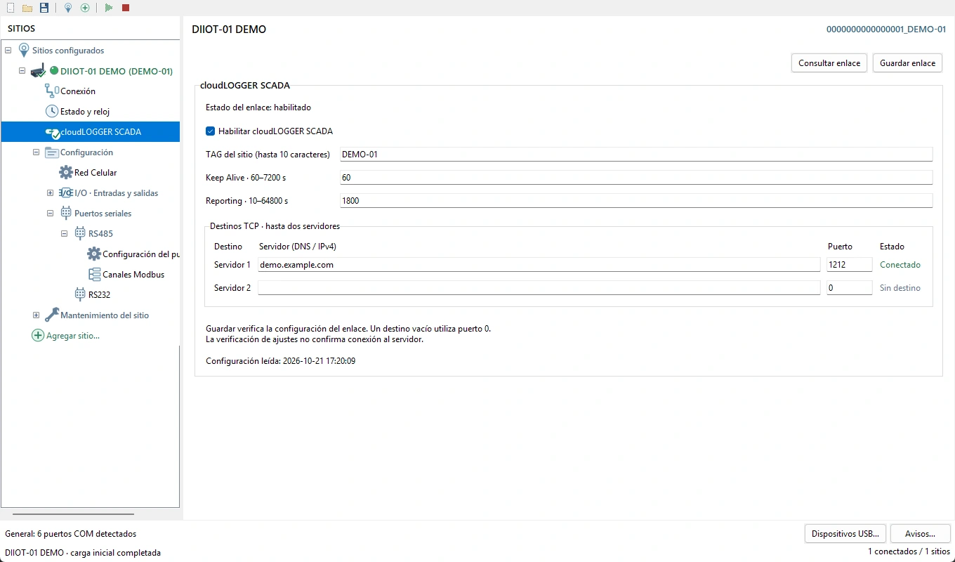 DIIOT Site — cloudLOGGER SCADA link settings