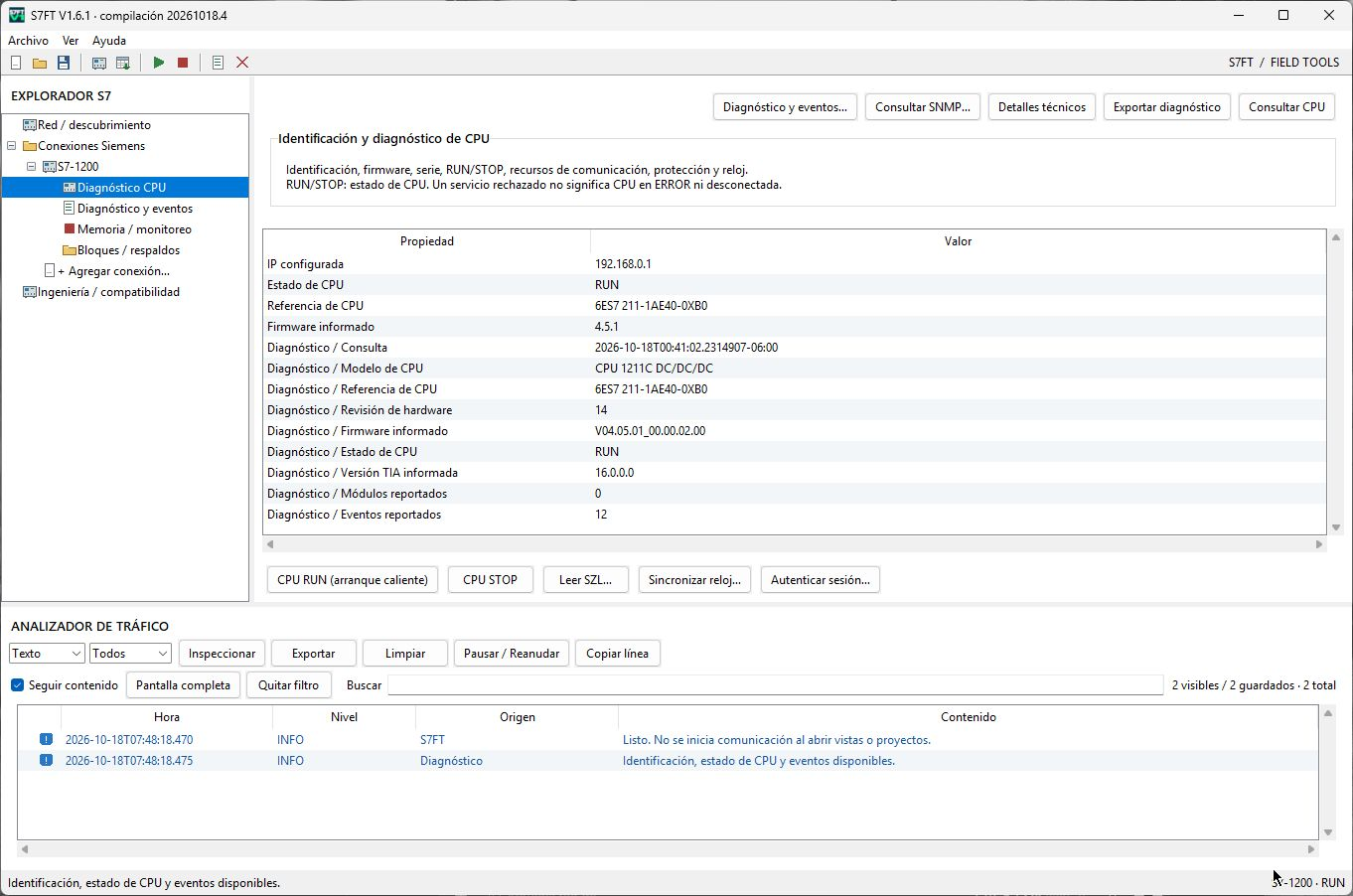 S7FT — Identificación, firmware y estado de CPU